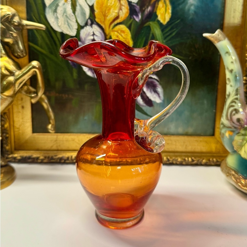 Vintage Hand-Blown Glowy Amberina Glass Pitcher